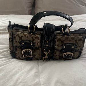 Coach Monogram Canvas Shoulder Bag in Brown and Black